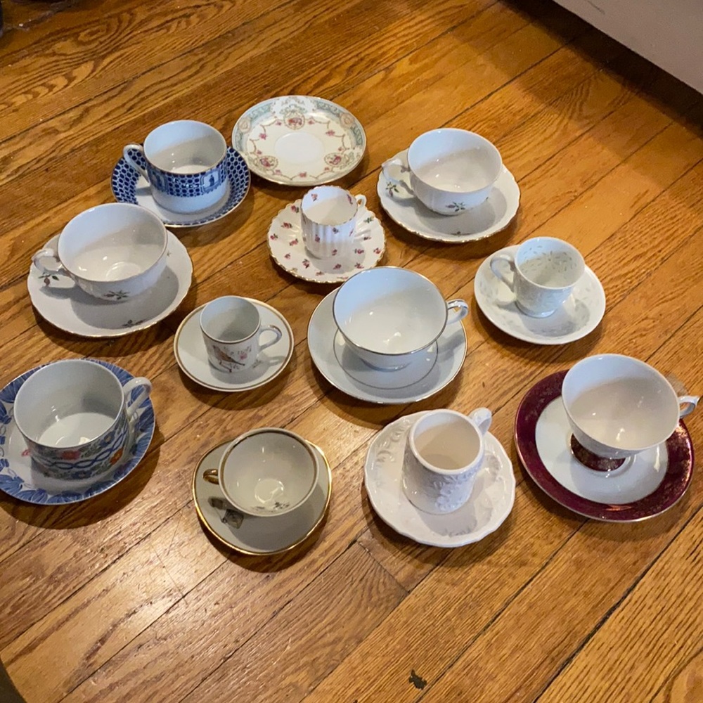Assortment of a variety of teacups and saucers
